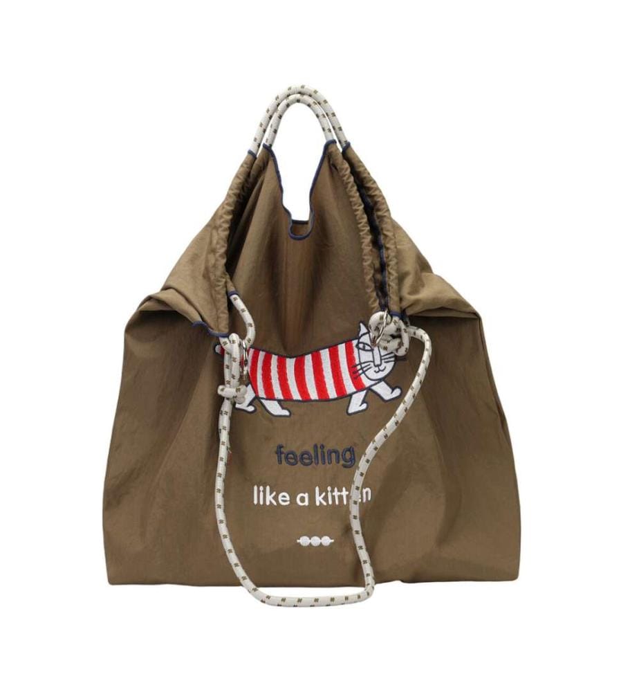Sac fourre-tout en nylon recyclé avec broderie florale représentant un lapin et anse en corde tressée - Kaki