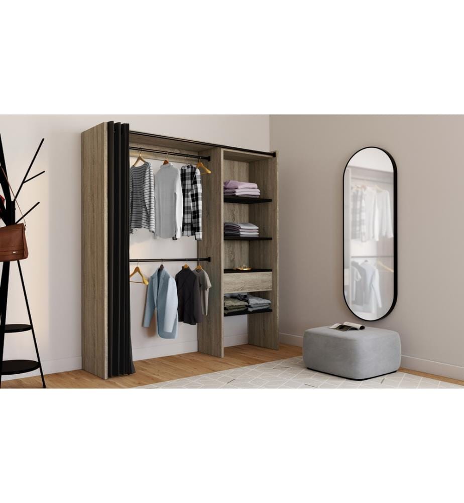 Dressing Extensible Avec Colonne Et Penderie Avec Rideau 120-170x180cm - Bois et Noir