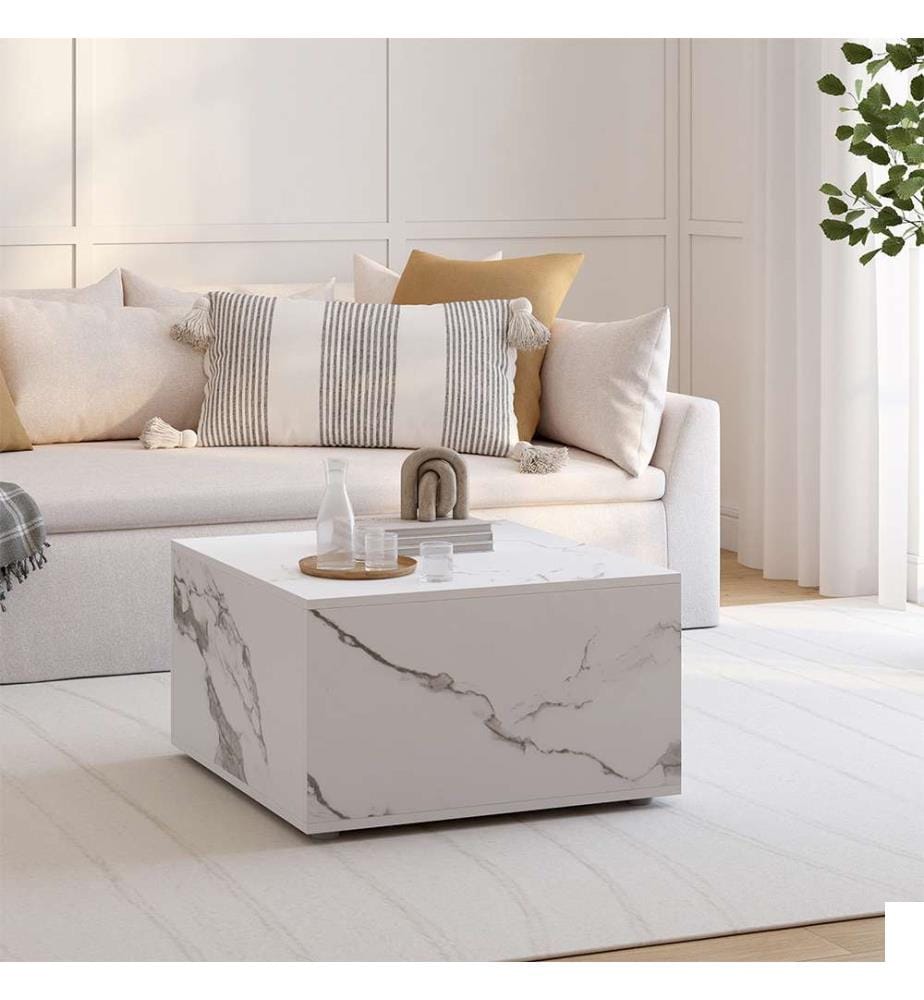 Table basse carrée effet béton avec rangement 60cm - Effet marbre blanc