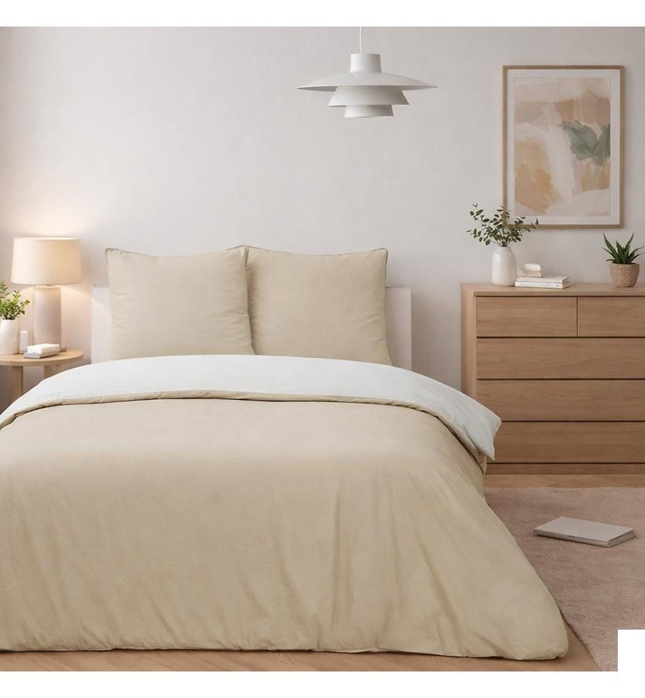 Parure Housse de Couette Bicolore 3 Pièces 240x220 cm Vicky - Blanc et Beige