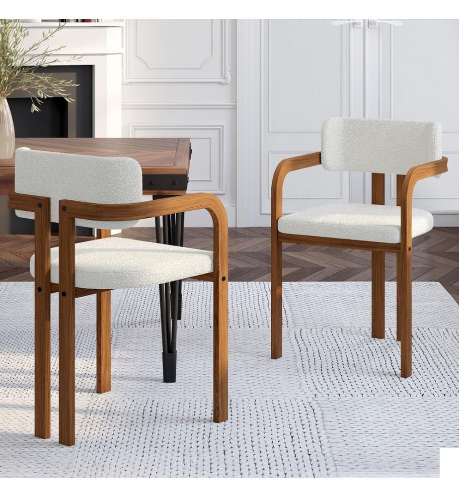 Lot de 2 Chaises Elsa avec accoudoirs en bouclette et pieds métal effet noyer