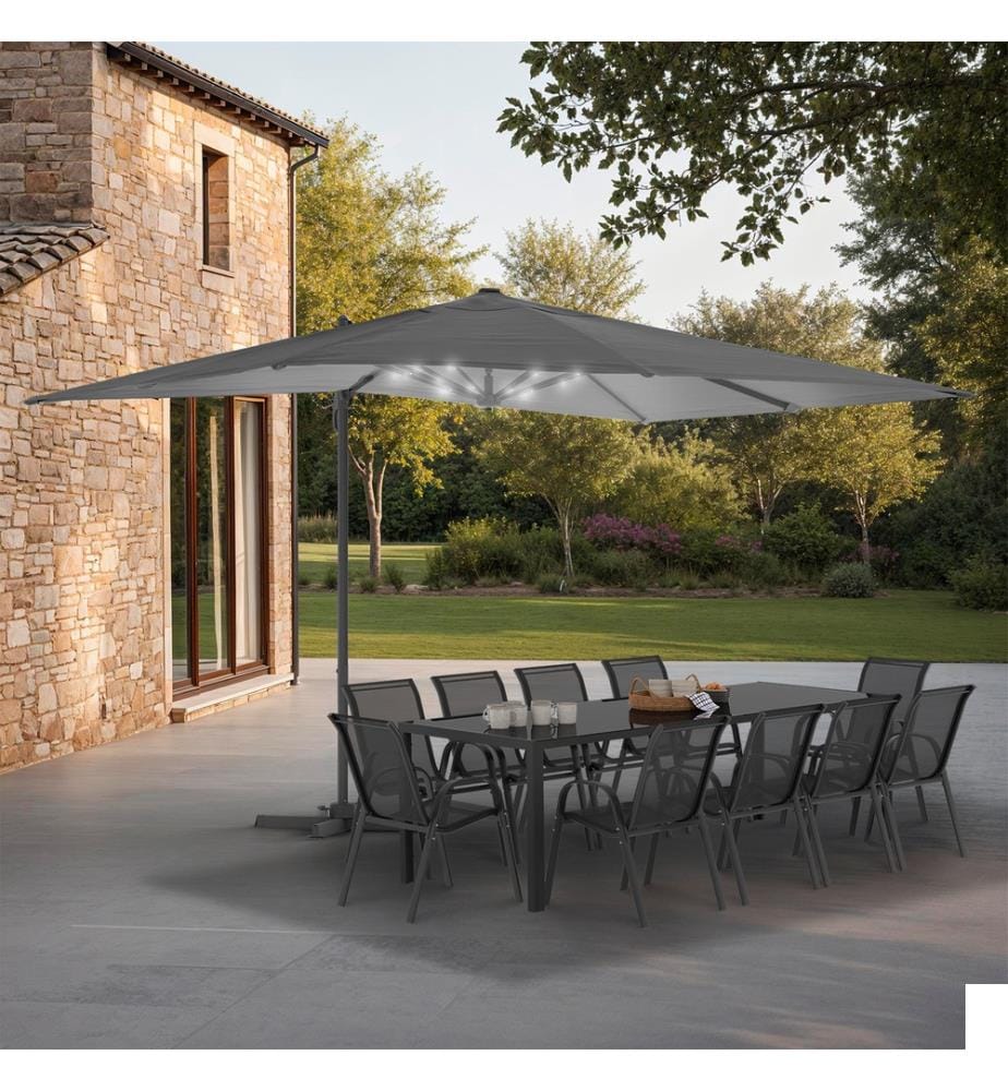 Parasol Sombra 360° rectangle 4x3m gris + housse et éclairage LED