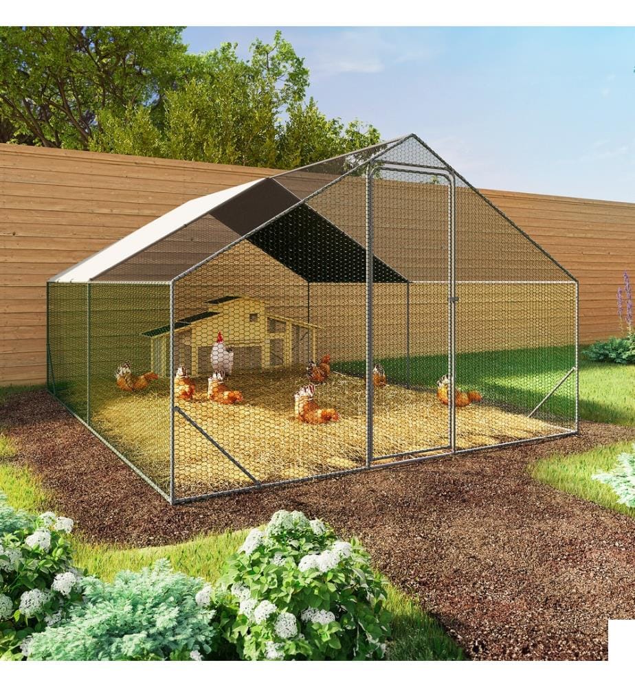 Enclos grillagé pour poules 12m² - 3x4m - Structure grise et grillage vert et filet noir et brise-soleil blanc