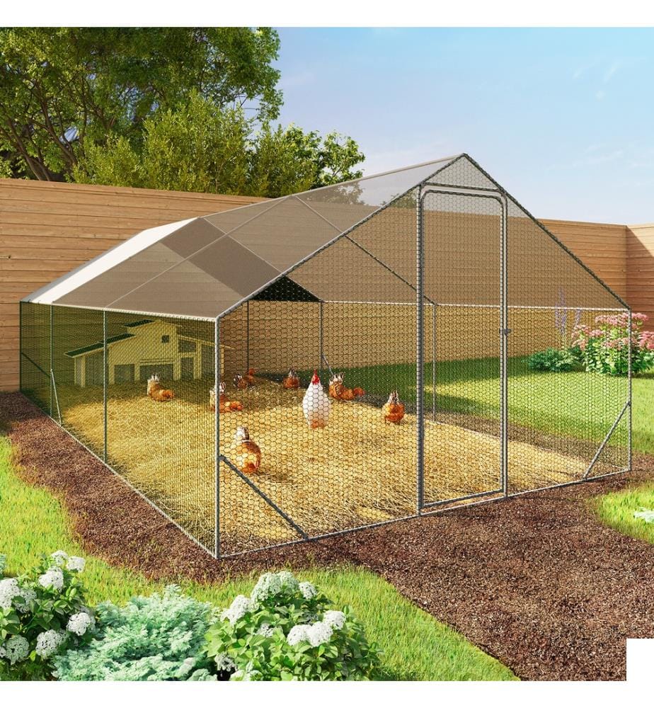 Enclos grillagé pour poules 18m² - 3x6m - Structure grise et grillage vert et filet noir et brise-soleil blanc