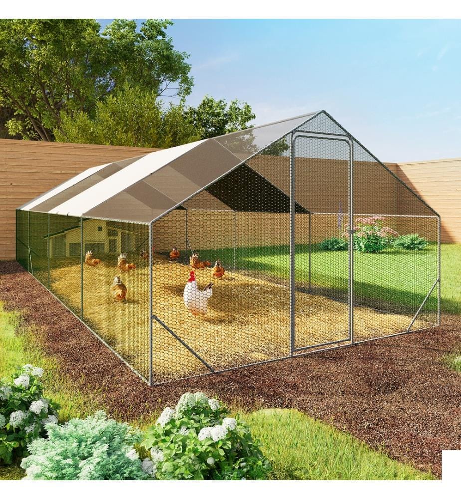 Enclos grillagé pour poules 24m² - 3x8m - Structure grise et grillage vert et filet noir et brise-soleil blanc