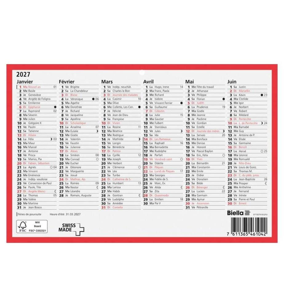 Biella Calendrier de table 23.5 x 15.5 cm Carton blanc rouge mat