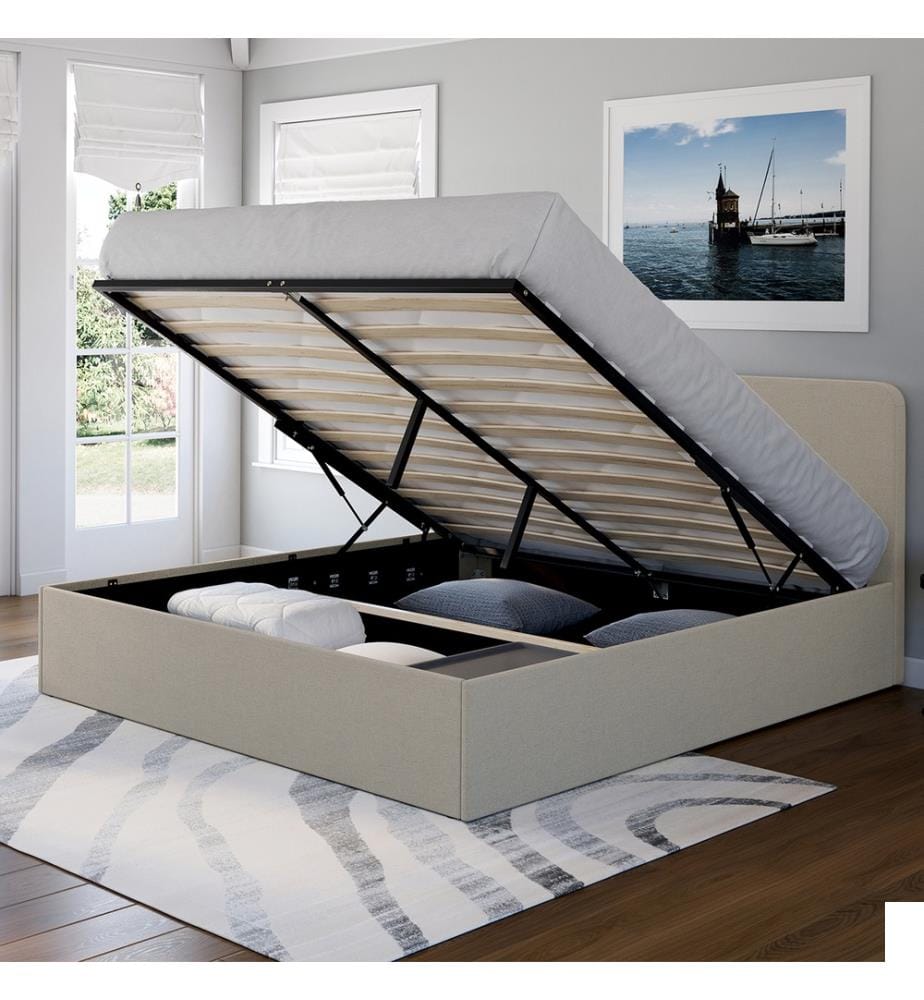 Lit coffre en tissu beige et tête de lit arrondie Louise - 160 x 200 cm