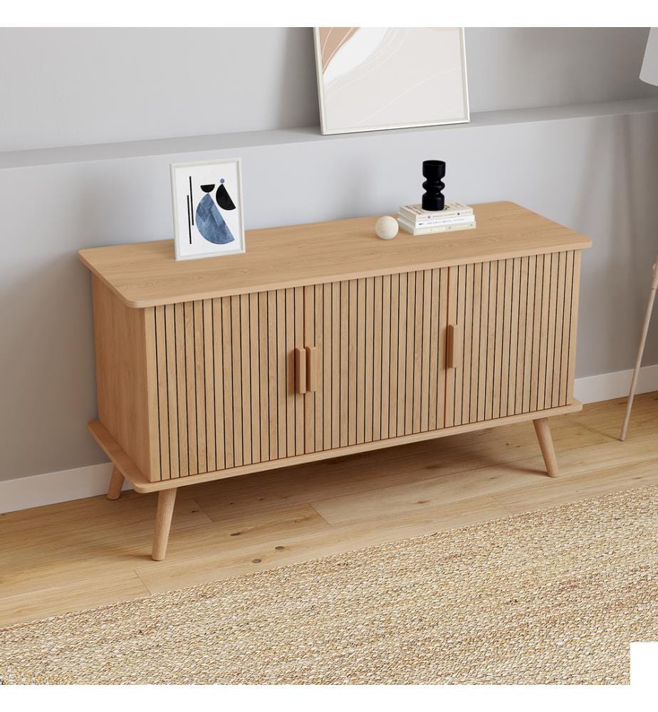 Buffet Faustine 3 portes effet lattes L110cm - Brun