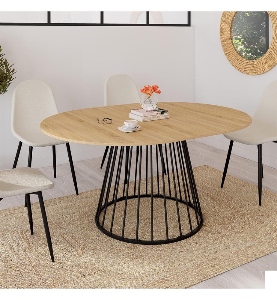 Table repas Adelle plateau rond extensible 110-150cm - Brun et Noir