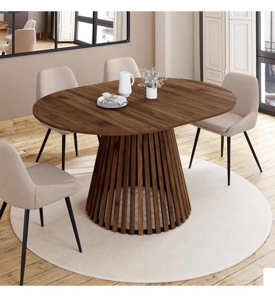 Table à manger ronde extensible Camélia effet noyer et pied lattes Ø110-150cm