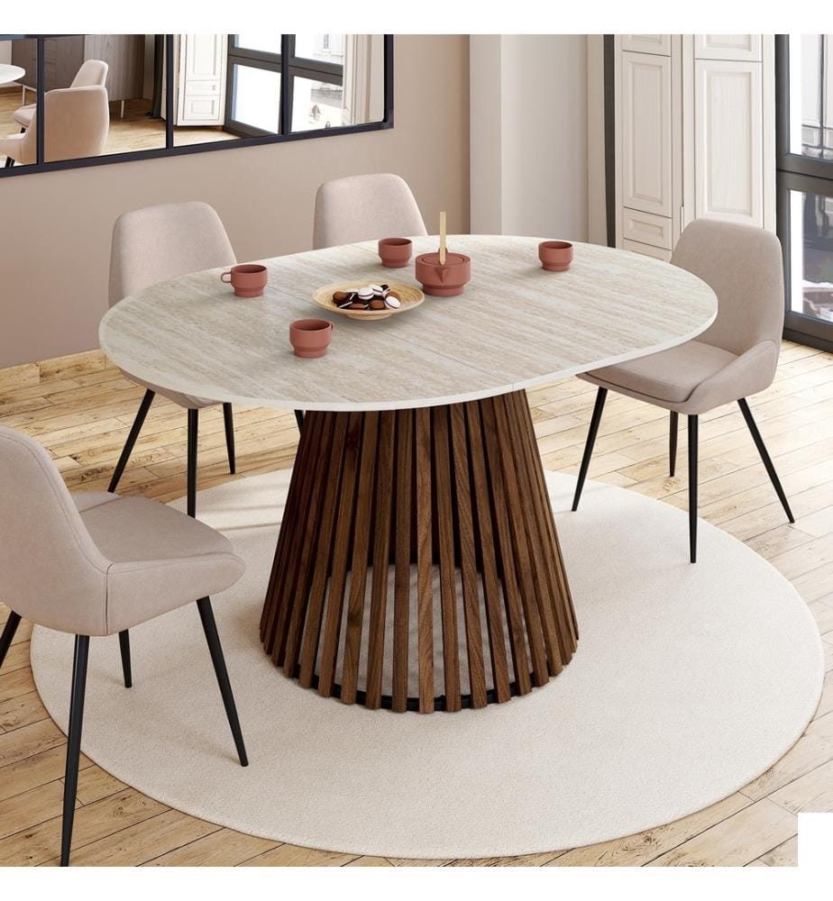 Table à manger ronde extensible Camélia effet travertin et pied lattes Ø110-150cm