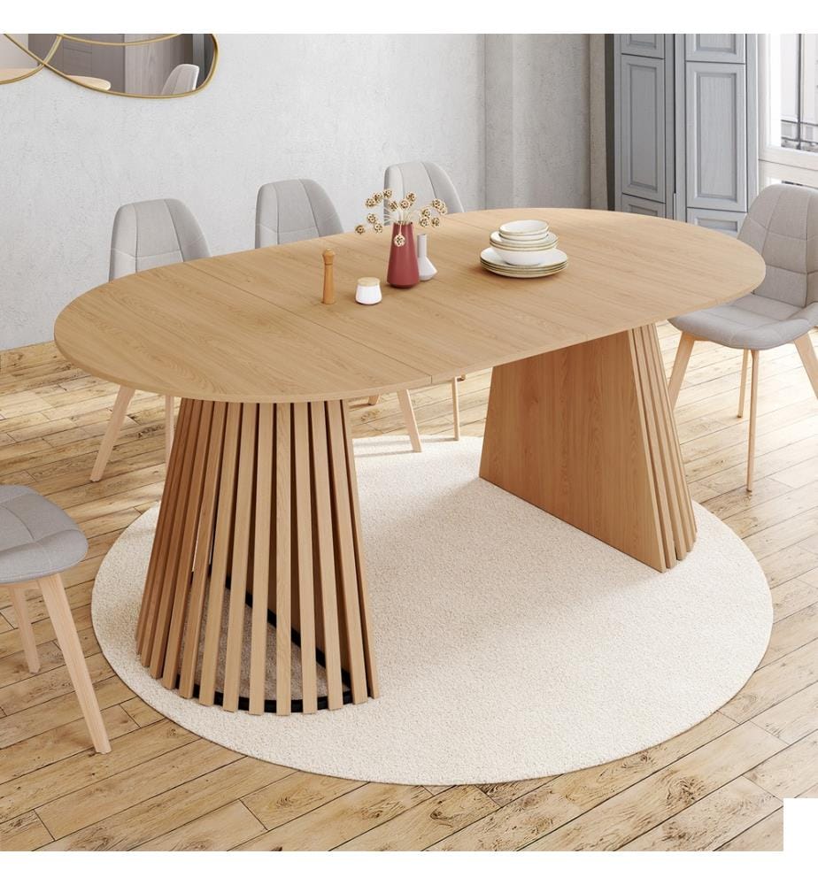 Table à manger ronde extensible Camélia bois et pied lattes Ø110-200cm