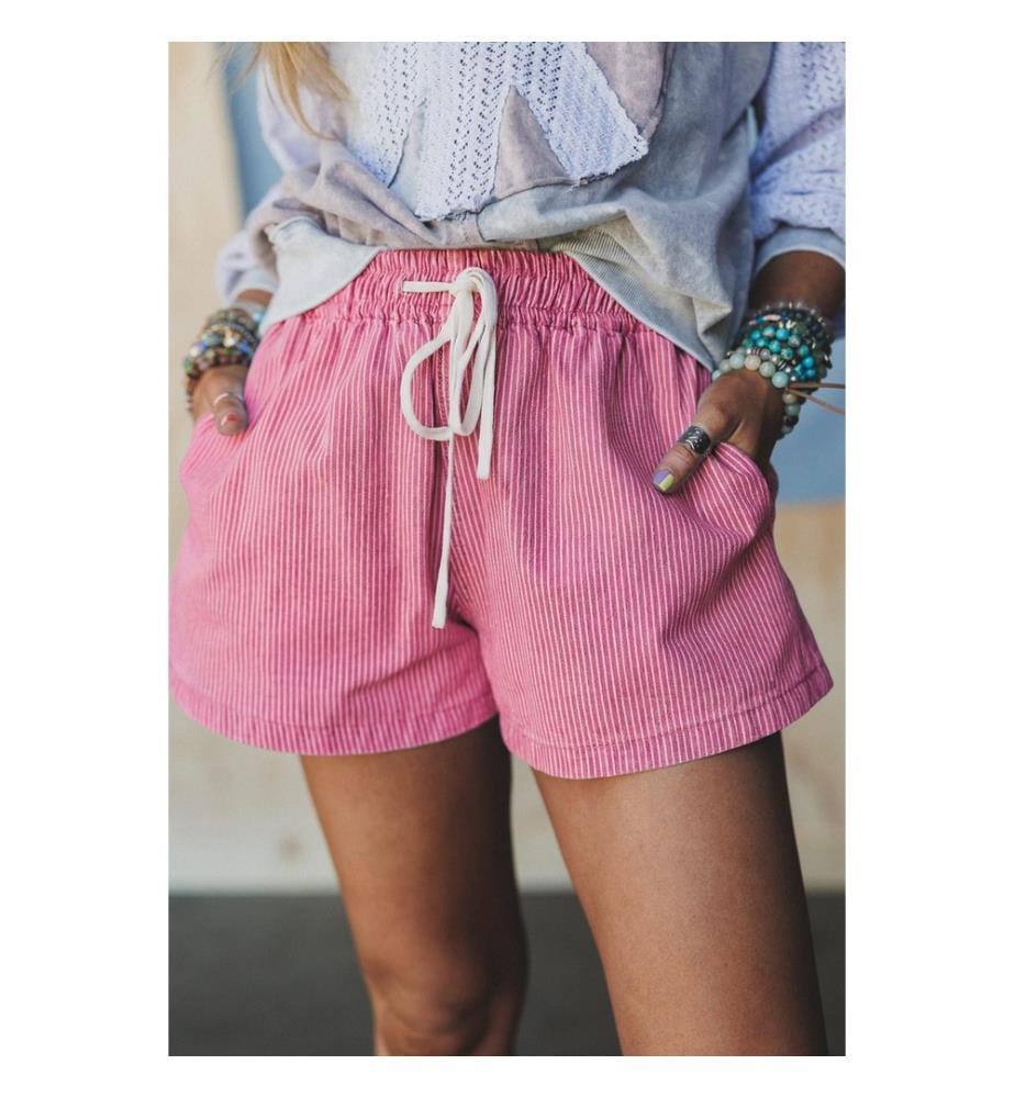 Short en jean décontracté à rayures roses et taille élastique avec cordon de serrage