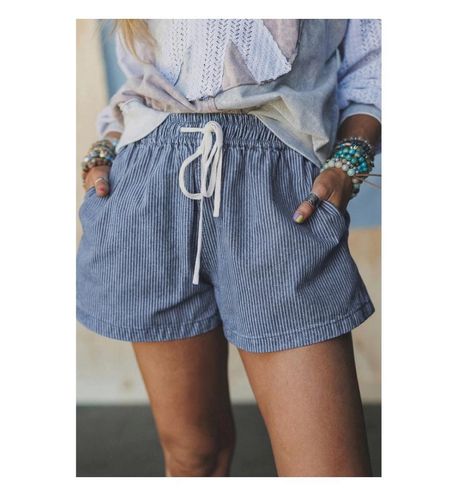 Short en jean décontracté à rayures bleues et taille élastique avec cordon de serrage