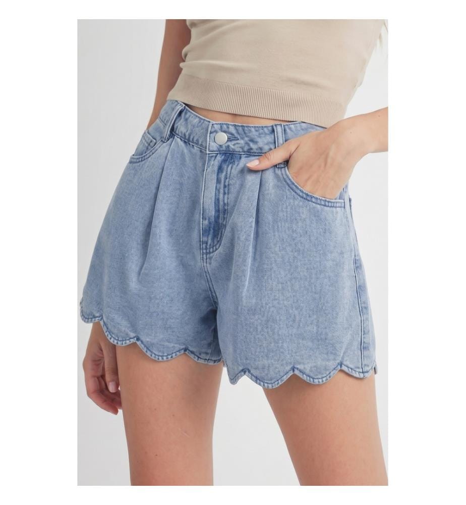 Short en jean décontracté Myosotis uni à bordure festonnée