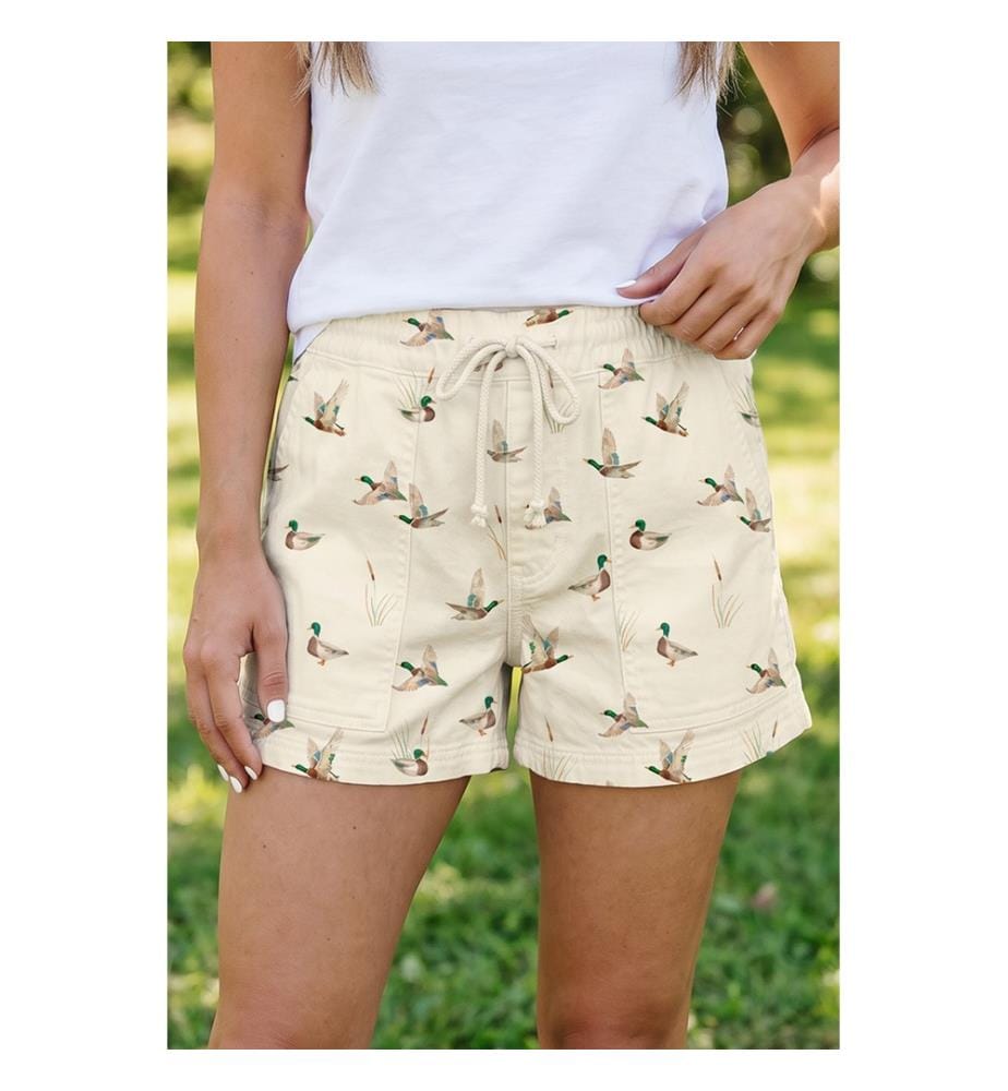 Short en jean beige imprimé canard colvert à cordon de serrage