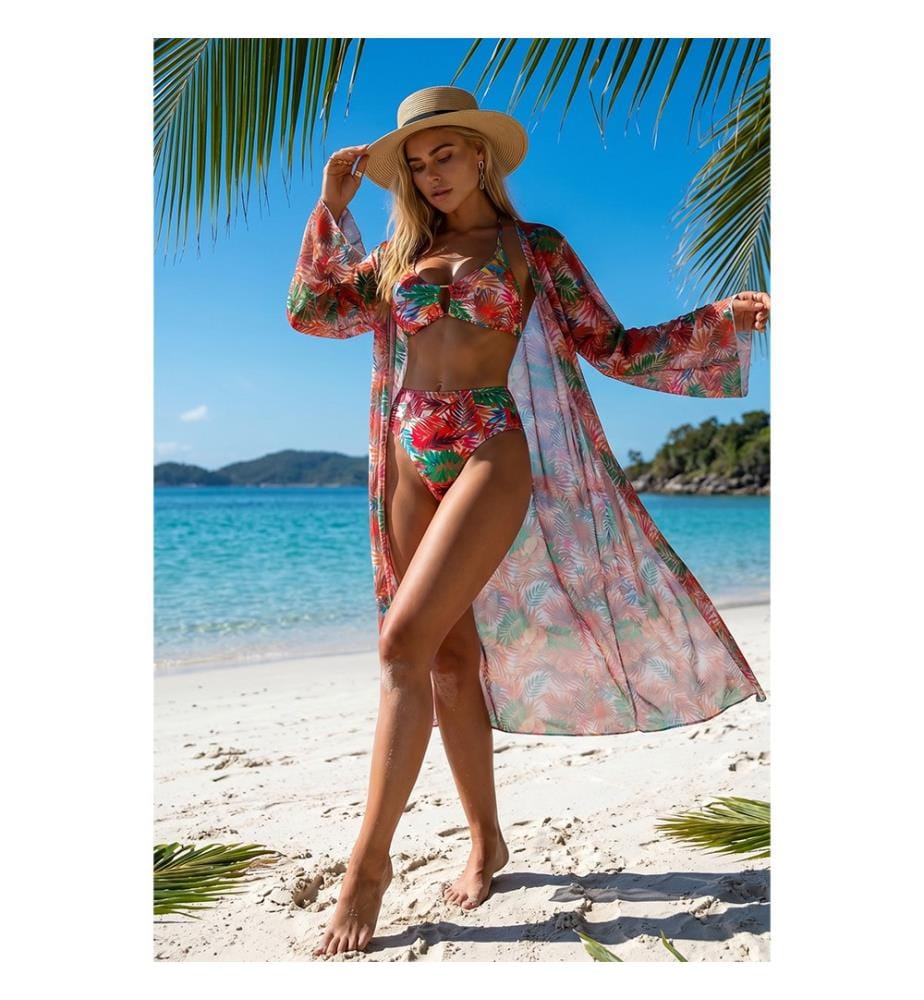 Ensemble 3 Pièces Bikini Tropical - Rouge