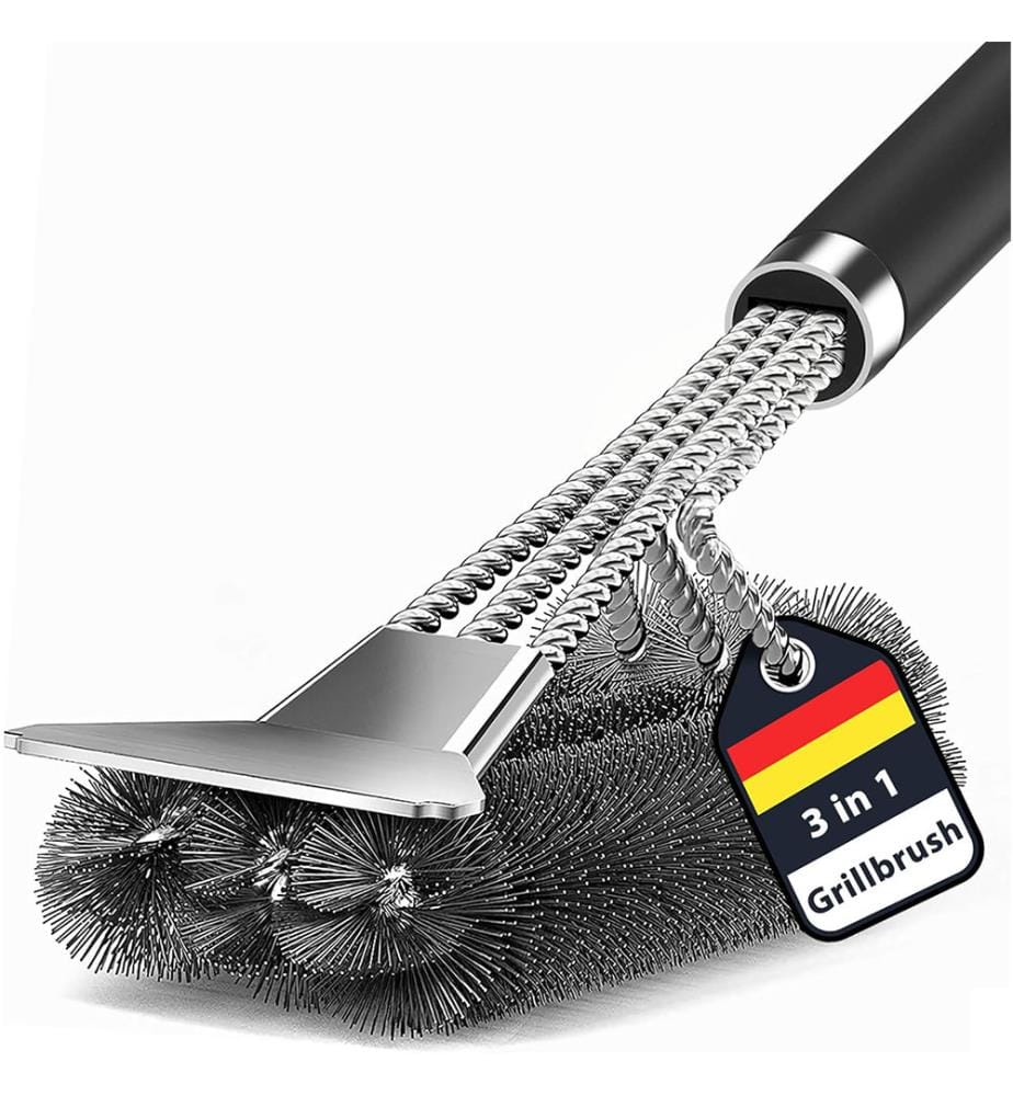Brosse à barbecue 3 en 1 avec brosse de nettoyage et grattoir à long manche, accessoires de barbecue en acier inoxydable, nettoyage à 360° des grilles de barbecue, de la cuisine et de la vaisselle - Noir