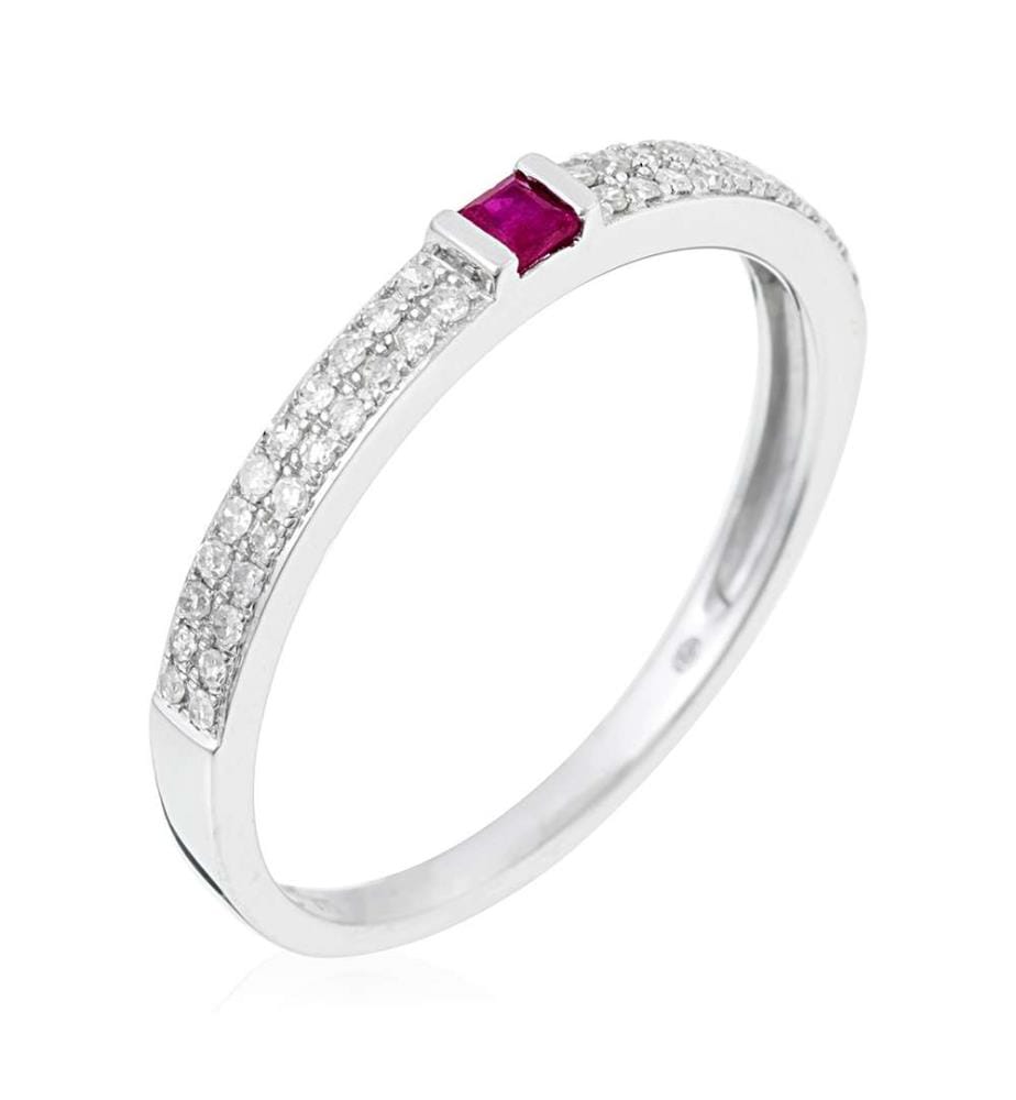 Bague Solitaire Rubis et Diamants - Or Blanc 375/1000