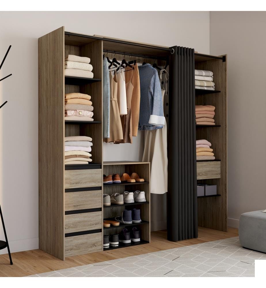 Dressing Justine extensible 120-180cm effet bois 5 tiroirs double colonne