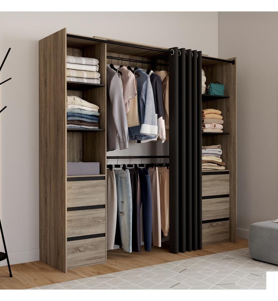 Dressing Justine extensible 120-180cm effet bois 6 tiroirs double colonne