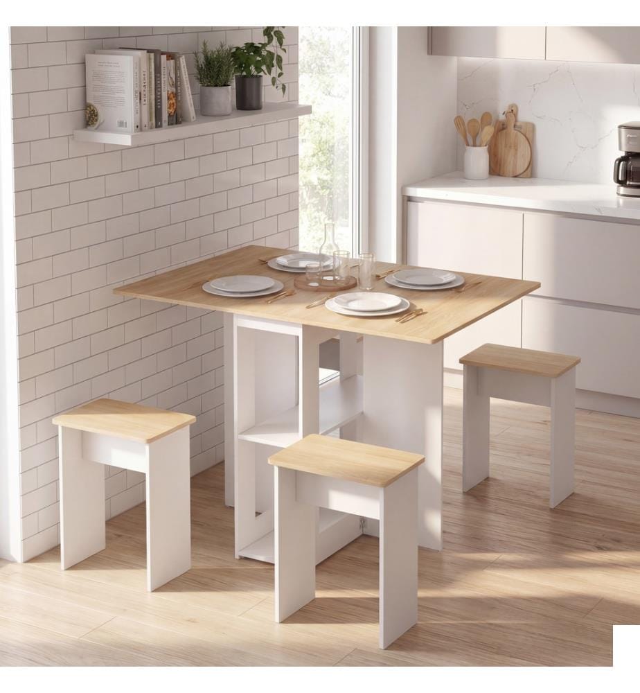 Ensemble repas Andy table pliante et 4 tabourets - Bois et Blanc