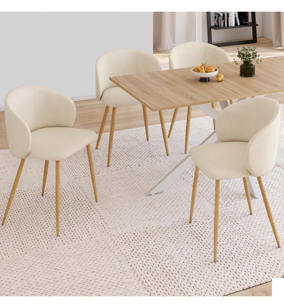 Lot de 4 Chaises Léona velours crème et pieds métal bois