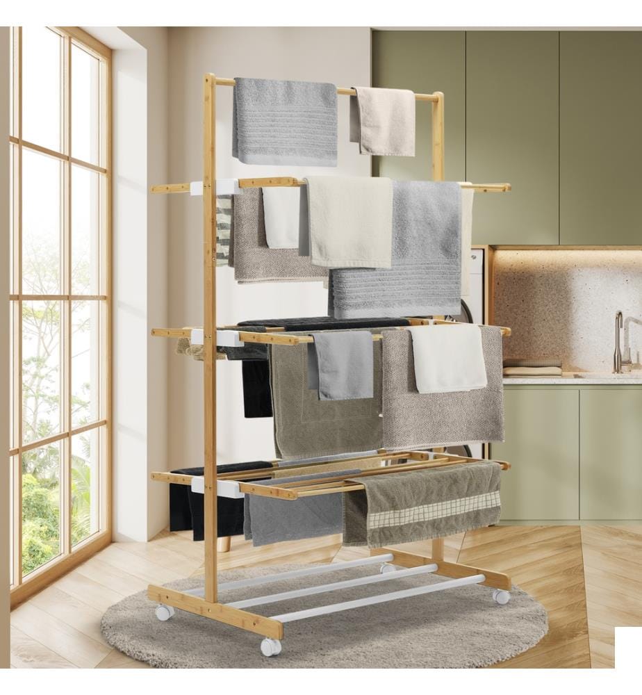 Séchoir 3 niveaux pliable en bambou 85x65x150cm - Bois