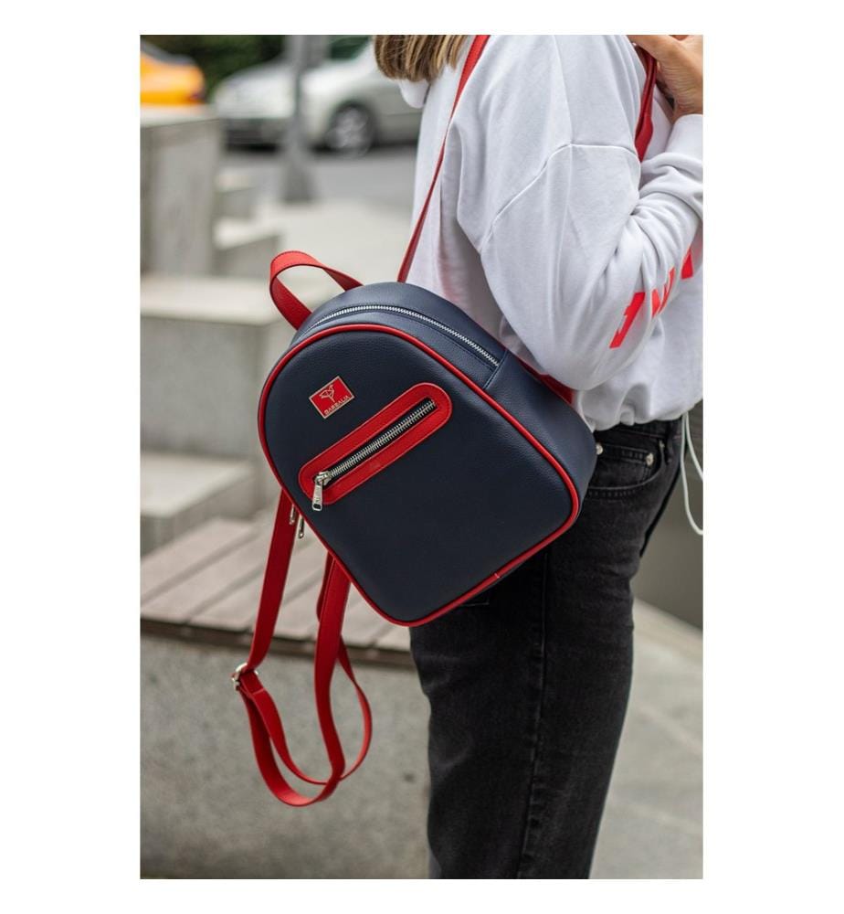 Sac à dos, 100 % cuir PU, bleu marine, rouge