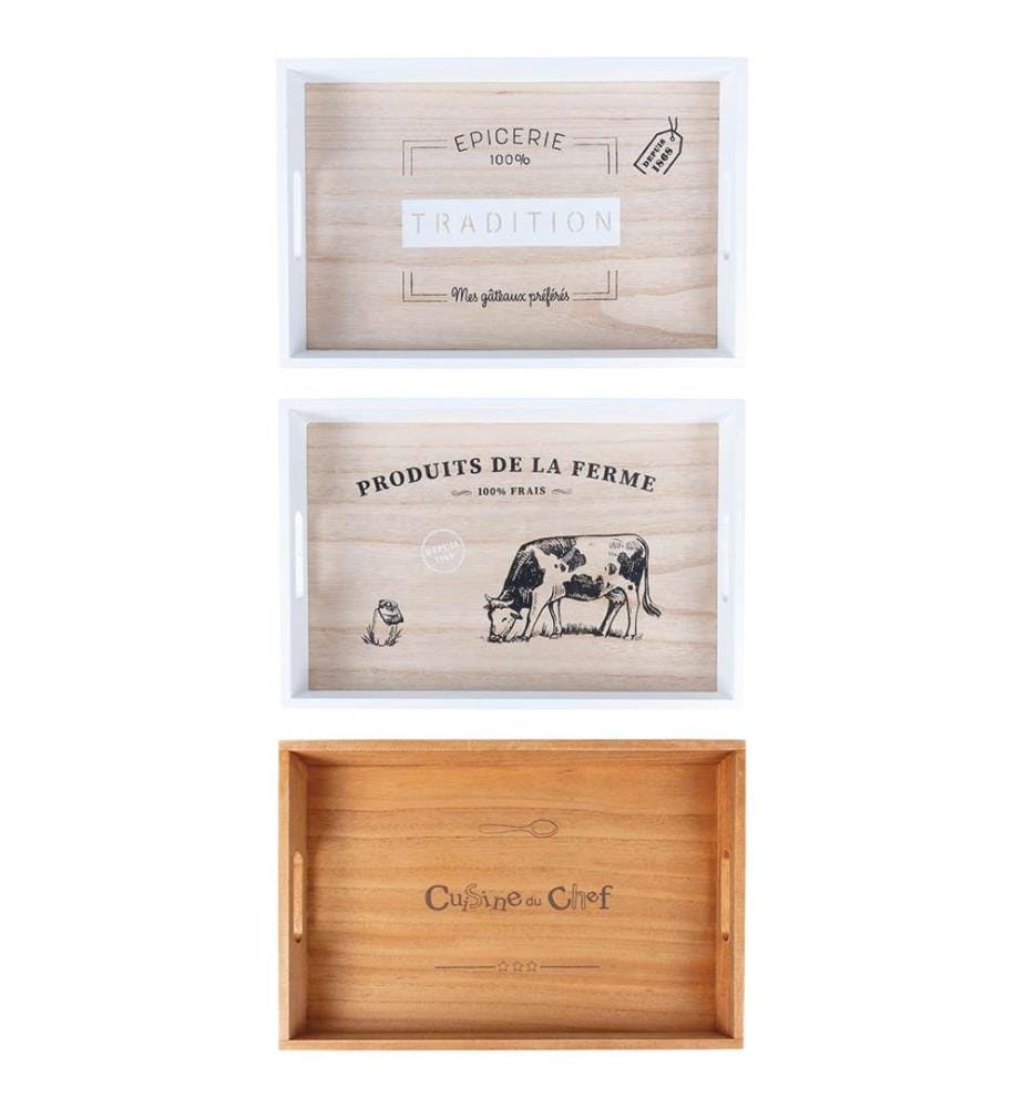 Lot de 3 plateaux rectangulaires - 45 x 30 cm / Bois / Assortis