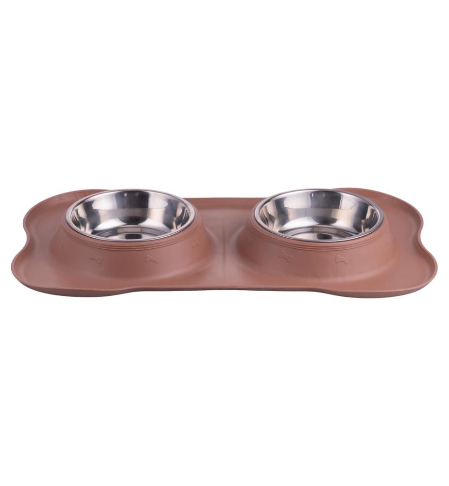 Lot 2 Gamelles pour chien avec tasse - Acier/Marron
