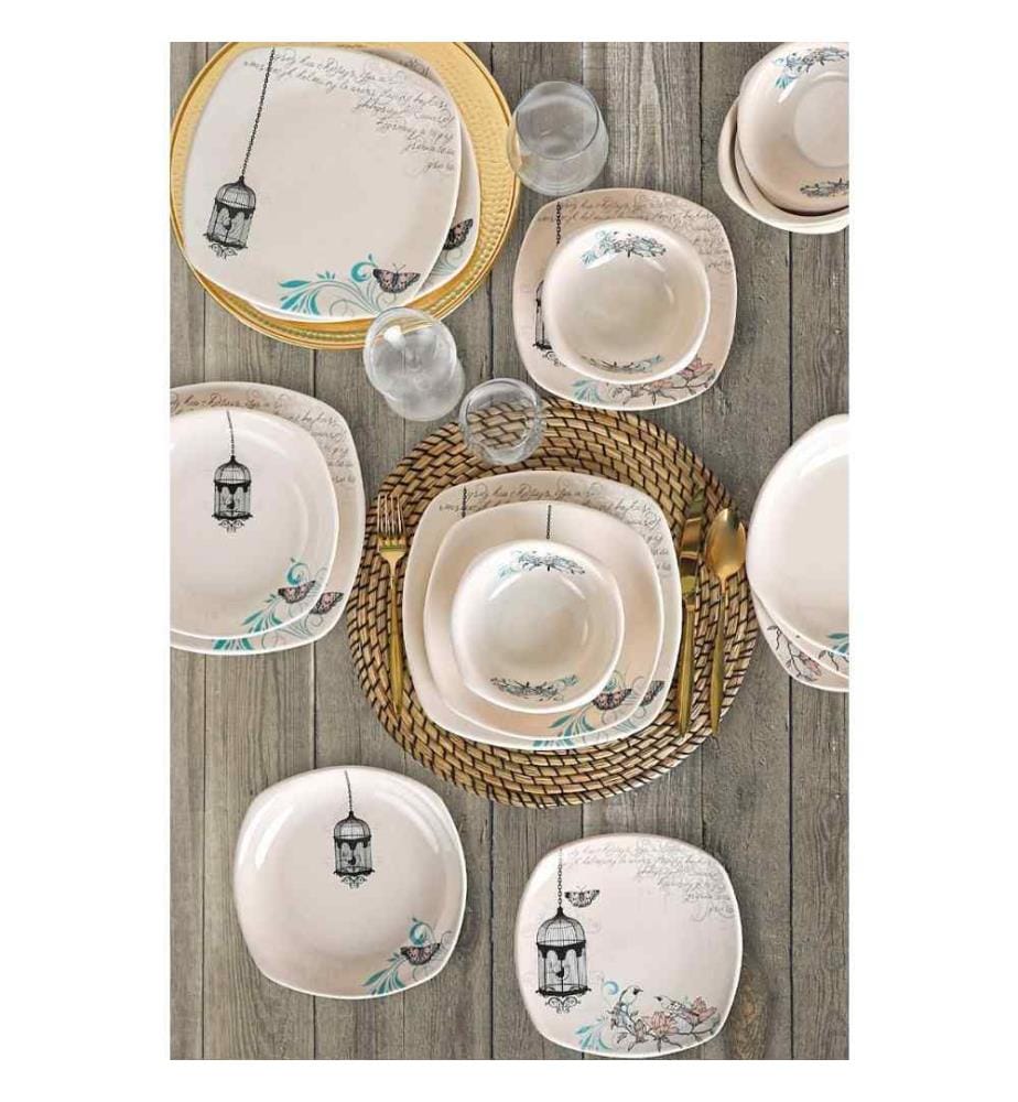 Service de table, 24 pièces, crème, bleu, noir, grès céramique, n'absorbe pas l'eau