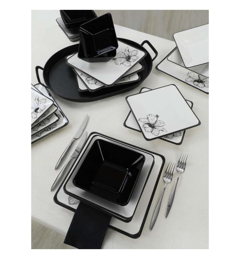 Service de table, 24 pièces, noir, blanc, grès céramique, n'absorbe pas l'eau