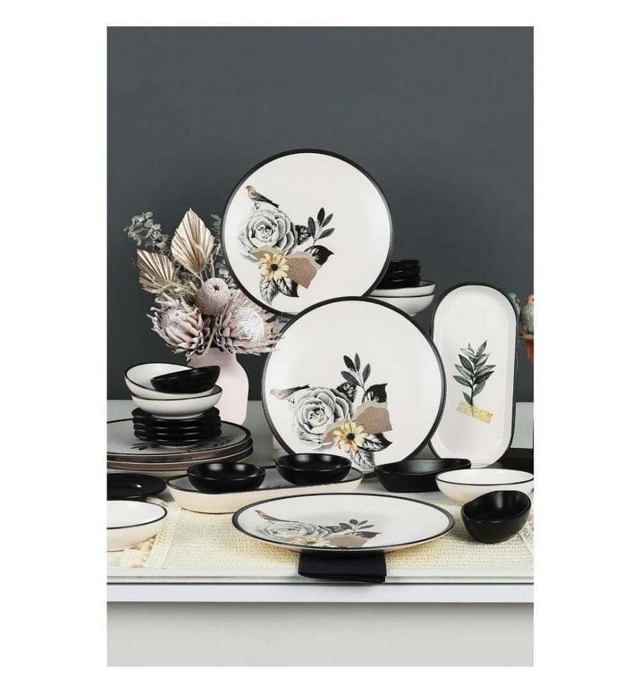 Set de petit-déjeuner, 28 pièces, noir, blanc, gris, jaune, céramique, n'absorbe pas l'eau