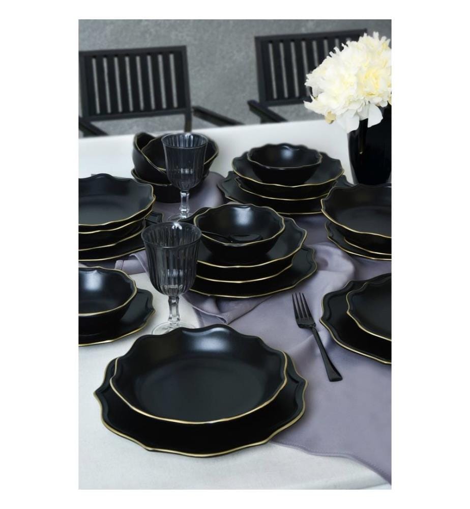 Service de table en céramique, 24 pièces, noir mat, 100% céramique, antibactérien