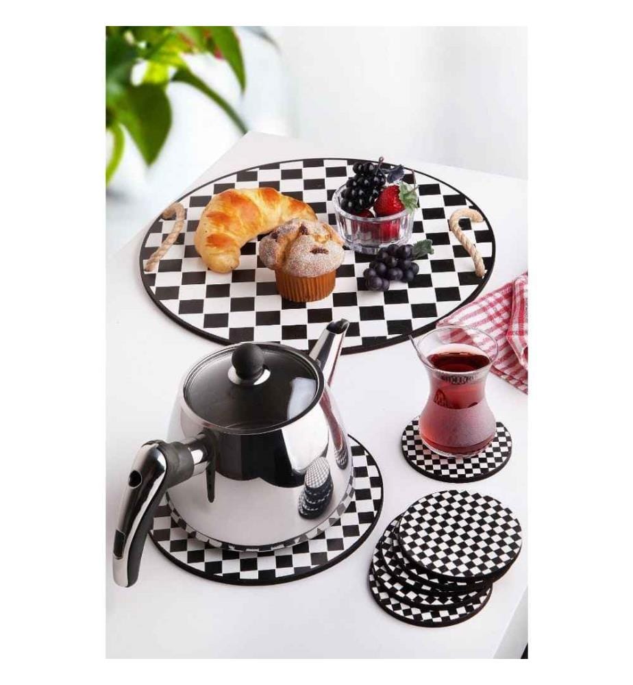 Plateau en bois et tapis de verre, 8 pièces, noir, blanc, en bois