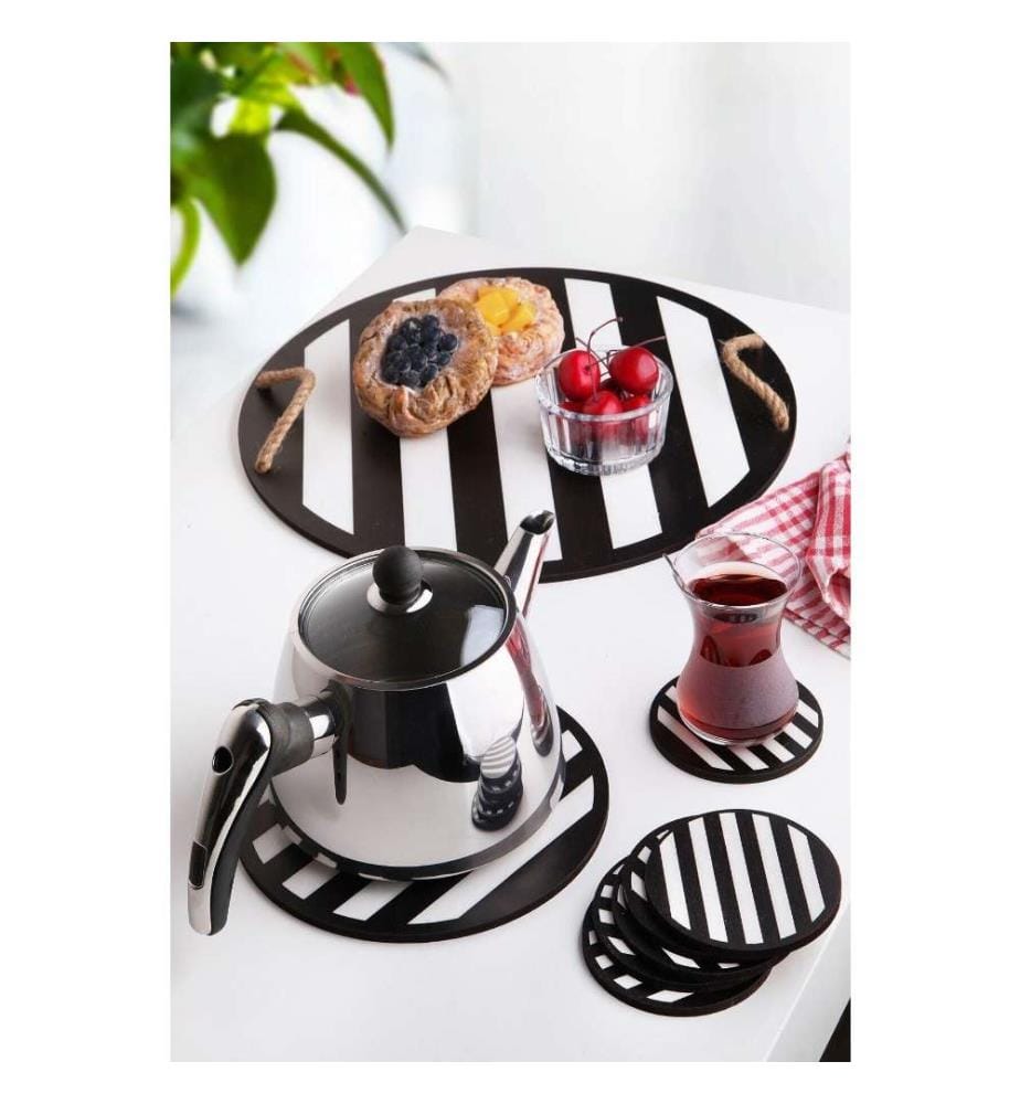 Plateau en bois et tapis de verre, 8 pièces, noir, blanc, en bois