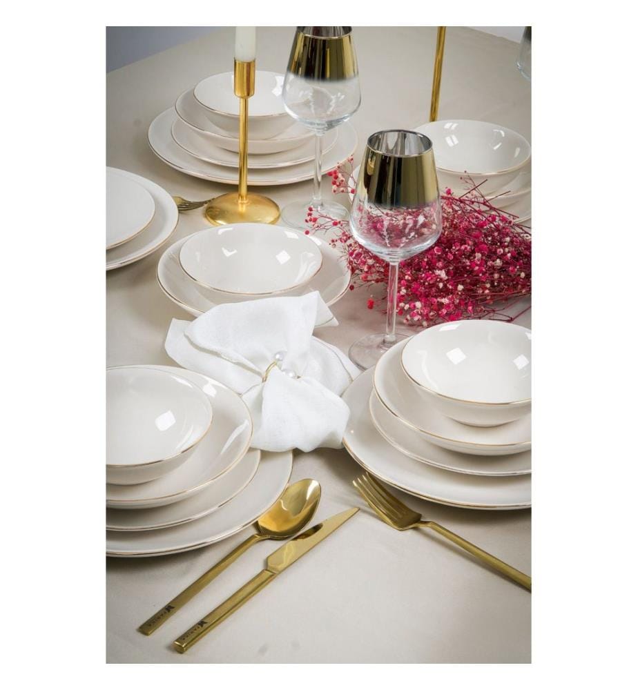 Service de table, 24 pièces, blanc, or, 100% PORCELAINE