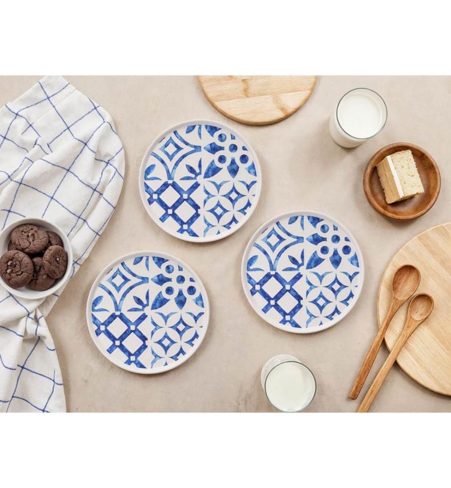 Set d'assiettes à dessert, 6 pièces, bleu, blanc, 100% CERAMIQUE