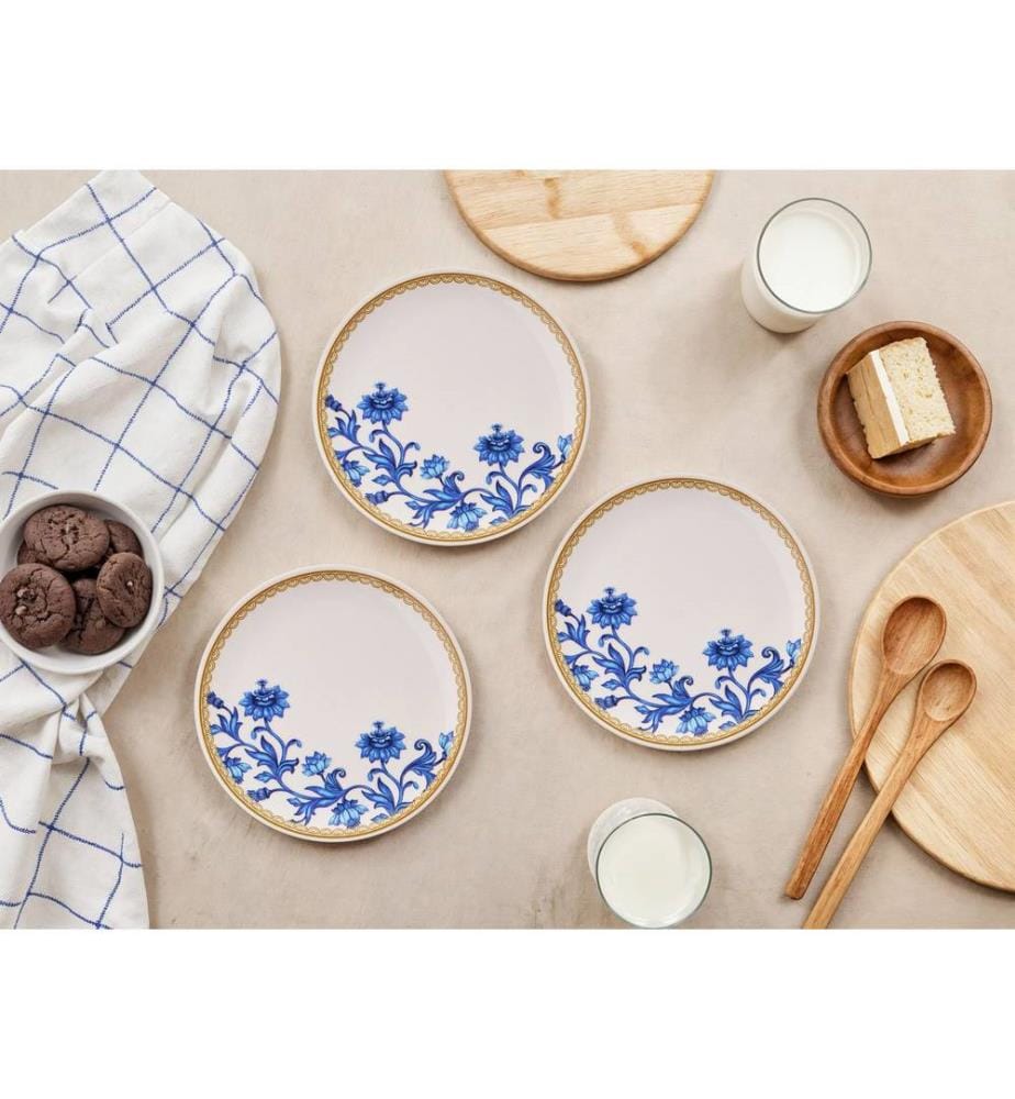Set d'assiettes à dessert, 6 pièces, or, bleu, blanc, 100% céramique
