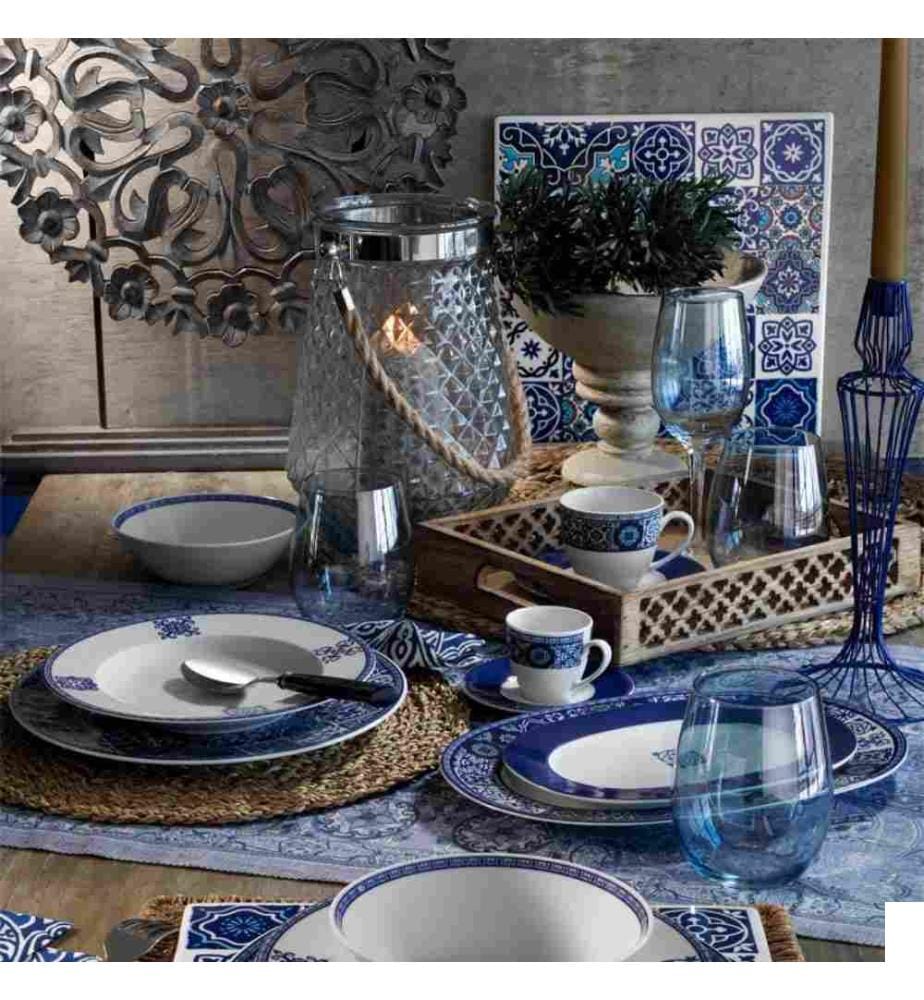 Service de table, 24 pièces, bleu marine, turquoise, noir, rouge, porcelaine