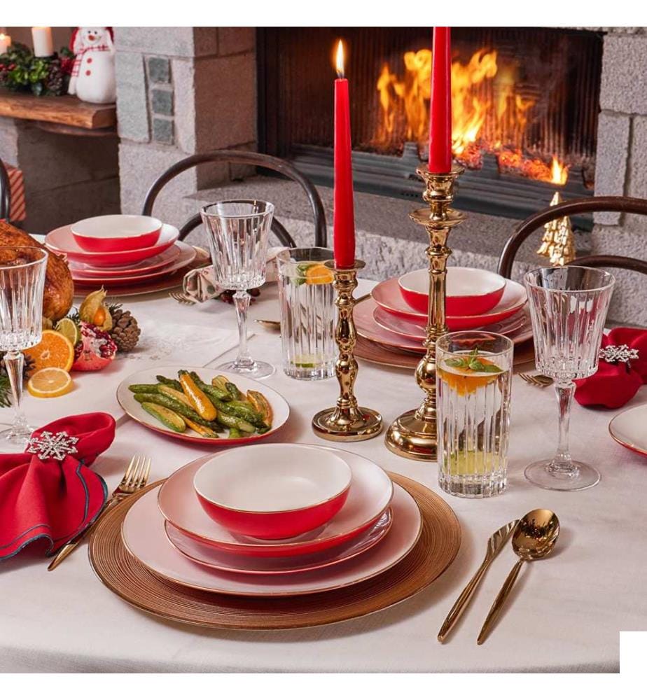 Service de table 58 pièces, 100 % porcelaine, rouge et blanc
