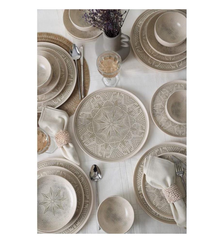 Service de table en céramique, 24 pièces, 100 % grès cérame, couleur crème