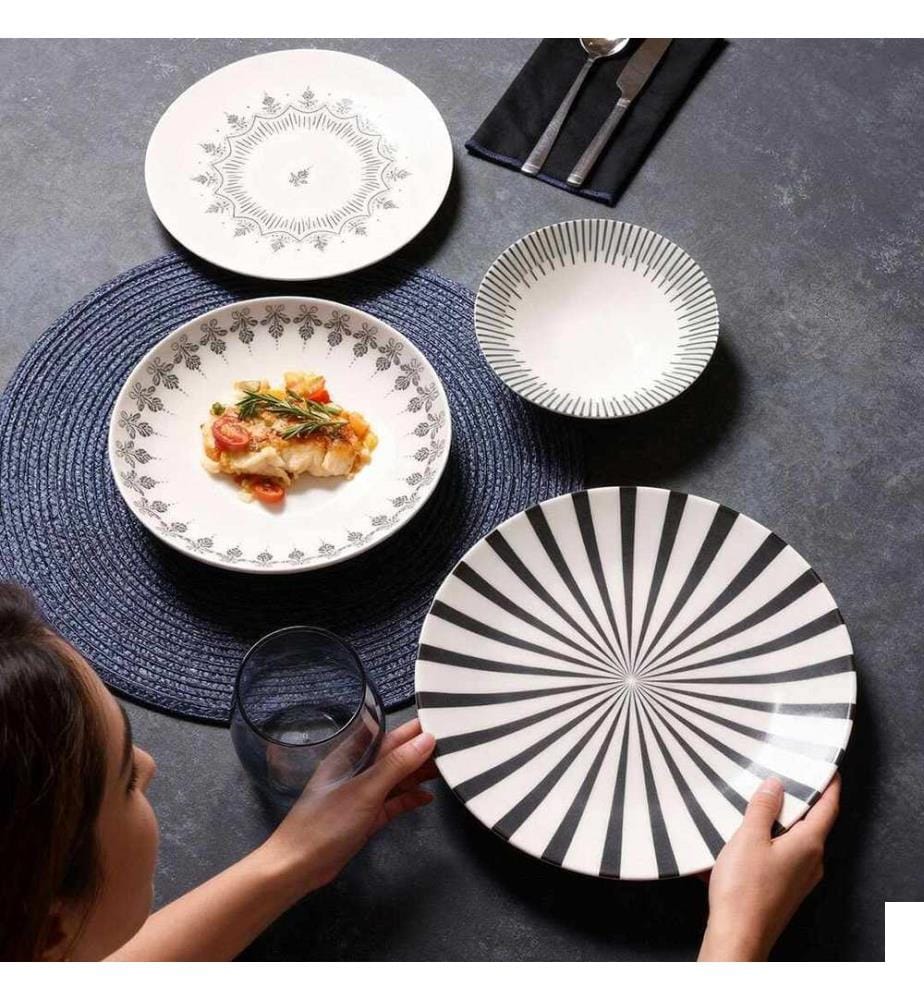 Service de table 24 pièces, 100 % porcelaine, blanc et noir