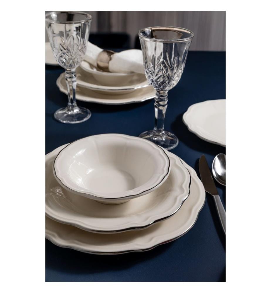 Service de table 24 pièces, 100 % porcelaine, blanc et argent