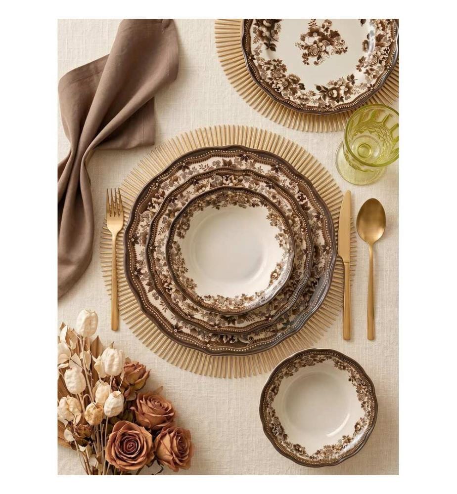 Service de table 24 pièces, 100 % porcelaine, blanc et marron