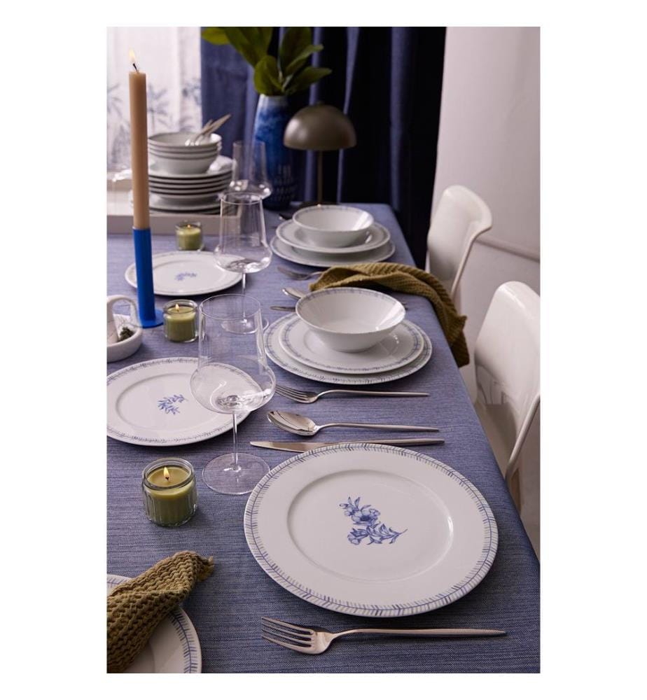 Service de table 24 pièces, 100 % porcelaine, blanc et bleu