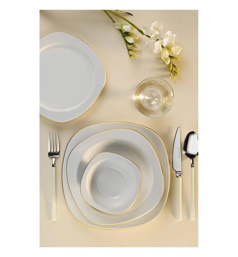 Service de table 24 pièces, 100 % porcelaine, blanc et or