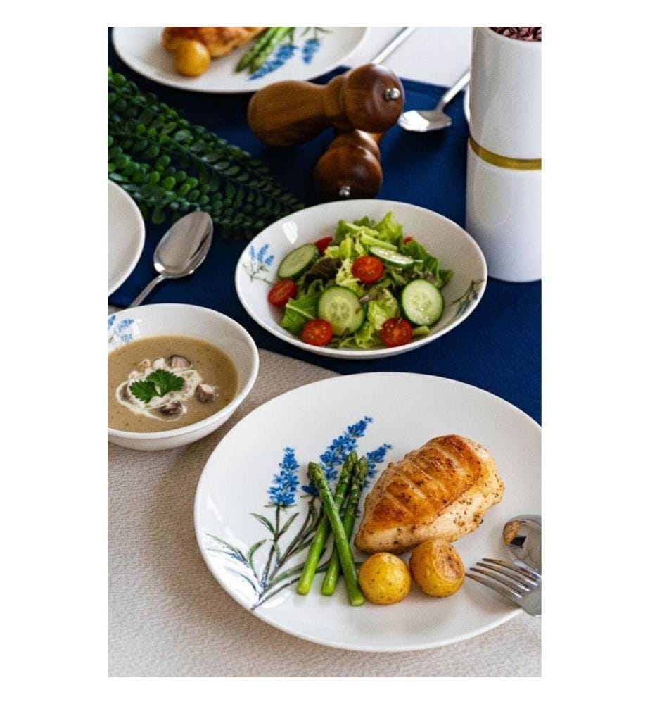 Service de table 18 pièces, 100 % porcelaine, blanc, bleu, vert