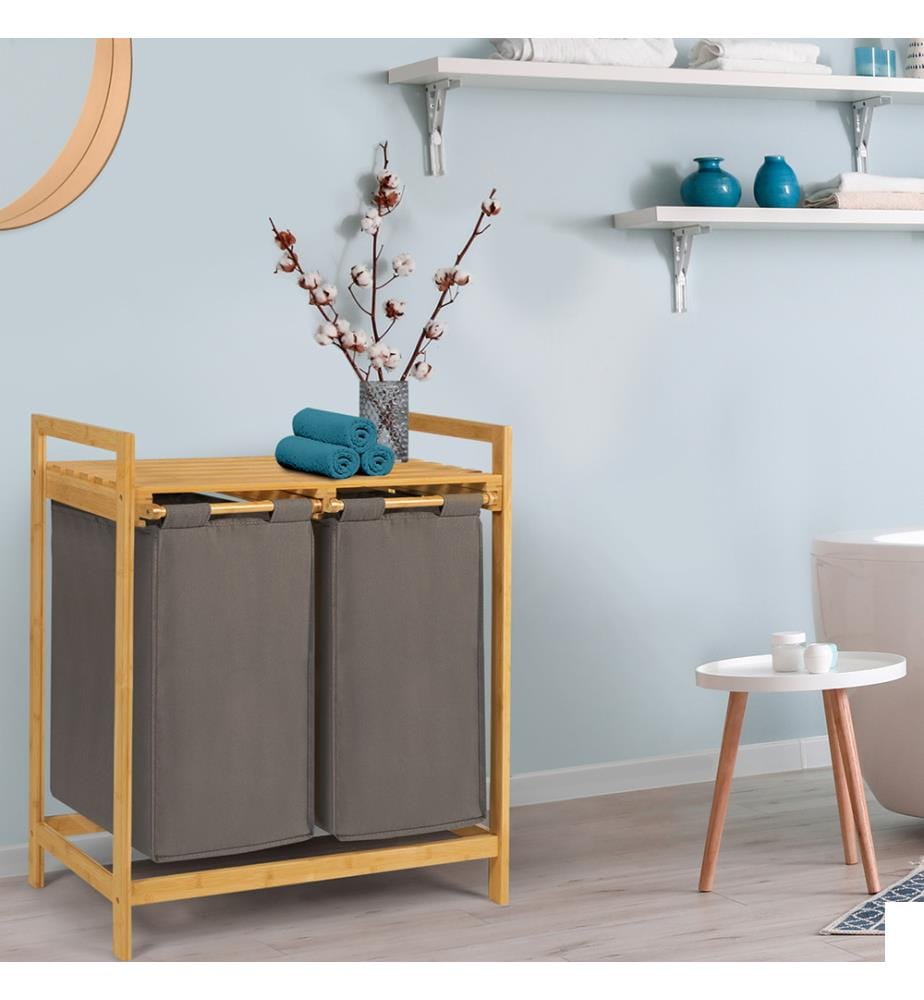 Panier à Linge Double Compartiments Maya en Bambou - Gris